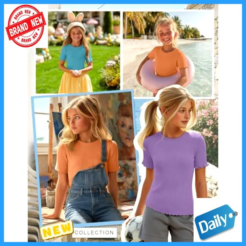 Girls' 3 Pack Ribbed Short Sleeve Tees Crew Neck Lettuce Trim Tops